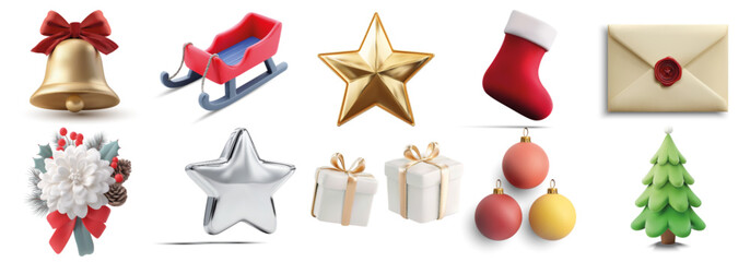 3D Christmas icons set with bell sled gold star stocking sealed envelope bouquet silver star gift boxes ornaments and pine tree isolated on white background. Vector illustration