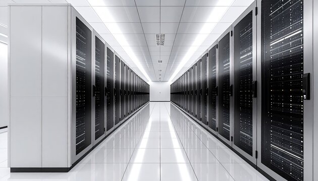 Modern data center server room corridor with rows of computer racks and glowing lights.