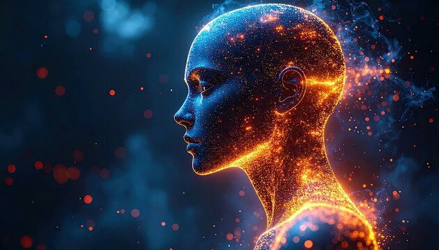 Abstract Human Silhouette Glowing with Cosmic Energy and Light Particles.