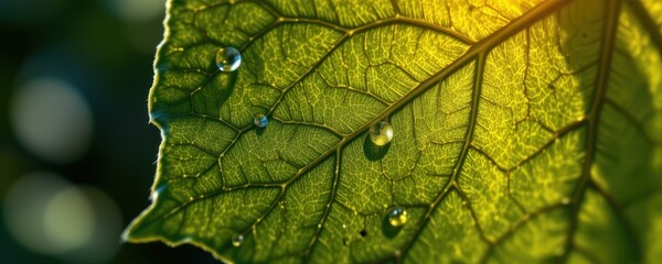 Obraz premium Close-up of a vibrant green leaf with visible veins and glistening water droplets, illuminated by warm sunlight, showcasing the intricate beauty and freshness of nature.