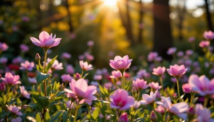 Obraz premium Field of blooming pink flowers bathed in warm golden sunlight, surrounded by lush green foliage and tall trees, capturing the peaceful beauty of nature in a tranquil forest setting.