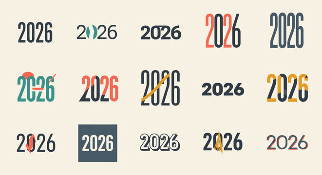 Graphic design variations of the year 2026 displayed in different fonts and color combinations.