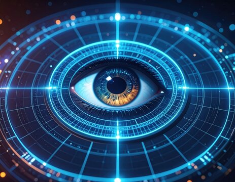Futuristic Digital Eye Interface Technology Concept With Glowing Blue Lights.