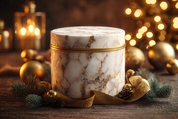 Elegant marble gift box with golden accents surrounded by festive christmas decorations