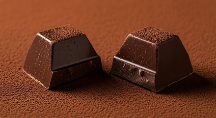 Decadent dark chocolate pyramid delights sitting atop a cocoa dusted backdrop creating a visually appealing dessert