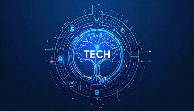 Futuristic digital tree of life abstract concept representing technology and global networks.
