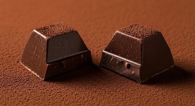 Decadent dark chocolate pyramid delights sitting atop a cocoa dusted backdrop creating a visually appealing dessert
