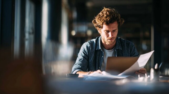Young man looking at documents while working in a modern office space, illuminated by natural light, focused and thoughtful expression during daytime hours