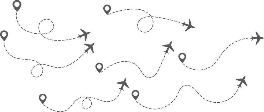 Airplane Route and Flight Path Icon Set. Travel Logistics and Destination Tracking Symbols. Journey Planning symbol. airplane flight route dotted line