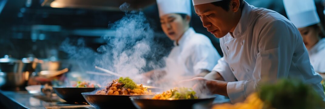 Asian chefs preparing dishes in restaurant kitchen with steaming food