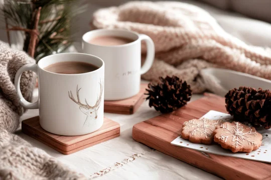 Festive coaster mockup styled with cocoa and holiday treats