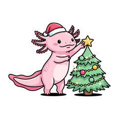 Cute Christmas Axolotl Wearing Santa Hat Decorating Christmas Tree with Star Vector Illustration