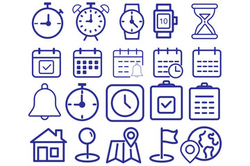 Time, date and location editable stroke outline icons set. Address line icons and navigation outline icons set. isolated on white background.