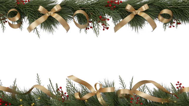 Christmas garland with gold bows isolated on transparent background for holiday frame