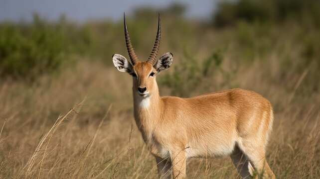 Graceful kob antelope stands alert in golden grassland