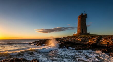 Dramatic coastal lighthouse on a rocky shore during a vibrant golden sunset