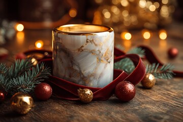 Stylish marble candle holder with golden rim and red ribbon on wooden table