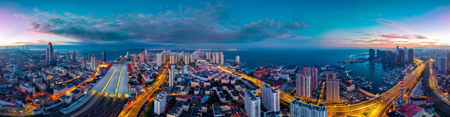 Fototapeta premium Urban Environment of Qingdao Railway Station and Jiaoning Elevated Road, China