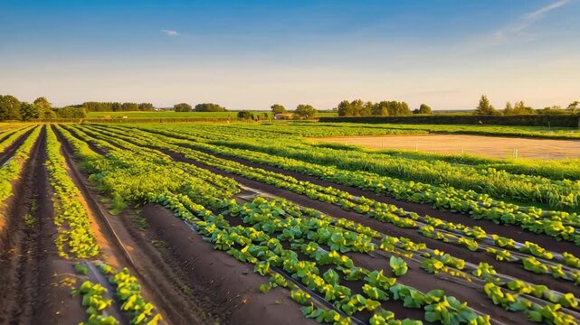 Vegetable Farm Field at Sunrise Green Crop Rows and Rural Landscape
