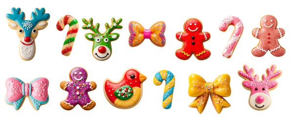 Delicious cookies in the shape of a candy, a bow, a person, a deer head, or a bird with icing on a transparent background