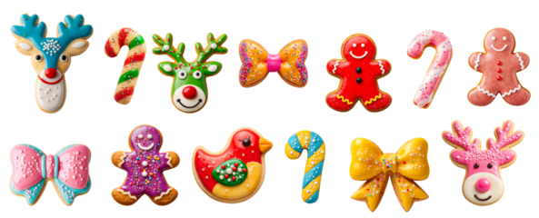 Delicious cookies in the shape of a candy, a bow, a person, a deer head, or a bird with icing on a transparent background