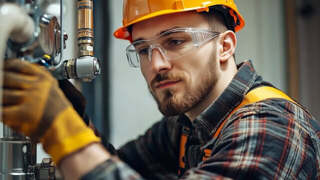 A skilled worker in a flannel shirt focuses on assembling a pipe fitting with care. The worker's yellow gloves and hard hat highlight the importance of safety in this industrial se