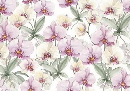 Delicate orchid blossoms artfully arrayed in a watercolor pattern