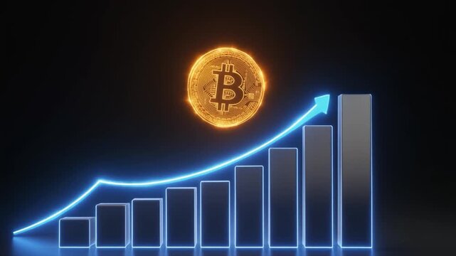 Golden Bitcoin Cryptocurrency Coin Rising on Blue Neon Graph with Upward Arrow on Dark Background digital currency