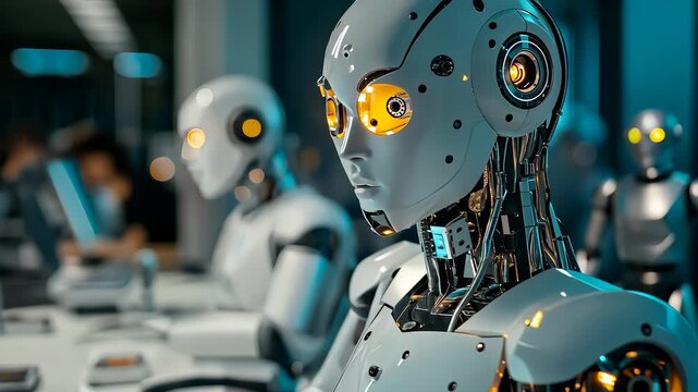 A humanoid robot is seated in a modern workspace, focused on the screen in front of it. Additional robots in the background highlight the advancing technology in this innovative en