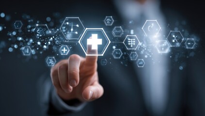 A hand interacts with a digital interface showcasing interconnected hexagonal icons, a central plus symbol representing healthcare technology and innovation