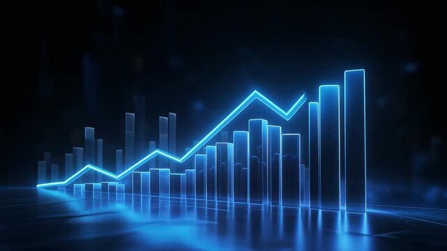 Blue Neon Bar Graph and Line Chart Showing Upward Trend on Dark Background finance business
