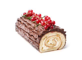Delicious Yule log (traditional Christmas cake) with redcurrant isolated on white