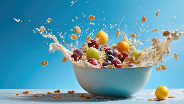 A light blue bowl overflows with a dynamic splash of milk, cereal, and assorted berries and stone fruit, against a vibrant blue backdrop.  The scene is brightly lit. - Powered by Adobe