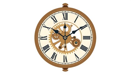 A detailed illustration of an antique, open-faced pocket watch with visible gears and Roman numerals