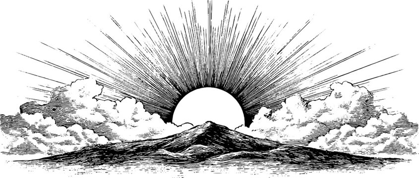 Vintage sunrise over hill scene with radiant rays and clouds for design or decoration