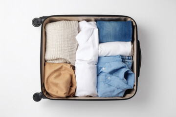 a suitcase full of clothes open on a white surface