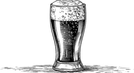 Tall beer glass with foam and bubbles engraving for vintage design