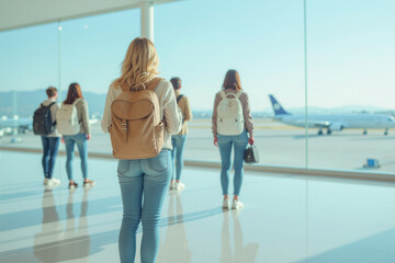 some waiting travellers look out of the large window of an airport