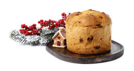 Christmas food. Delicious Panettone cake, gingerbread house and festive decor isolated on white