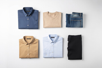 some items of clothing folded and arranged on a white surface