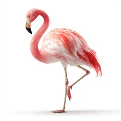 Obraz premium A graceful pink flamingo stands on one leg against a clean white background
