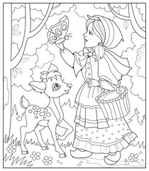 Coloring book for little children. Illustration of little girl walking in summer forest with cute fawn. Black and white hand drawn vector. Printable worksheet for kids.