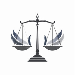 Scales of justice logo with feather elements on a white background