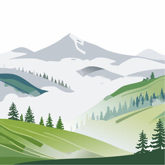 Scenic landscape illustration featuring mountains trees and rolling hills under a cloudy sky