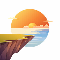 Scenic sunset landscape illustration of cliff and ocean with the sun setting