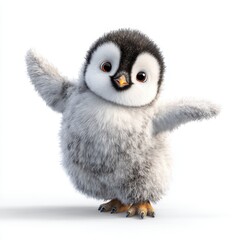 Fototapeta premium Fluffy baby penguin with outstretched wings standing on a white background 74 characters