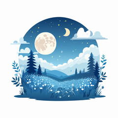 Serene night landscape illustration with full moon stars clouds and trees