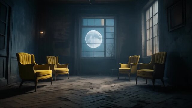 Eerie Room with Four Yellow Armchairs Facing a Large Full Moon Through a Window interior spooky