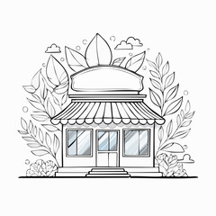 Simple illustration of a shop with leaves and clouds for design elements