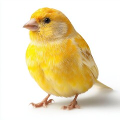 Obraz premium A bright yellow canary bird perched on a white background looking to the side